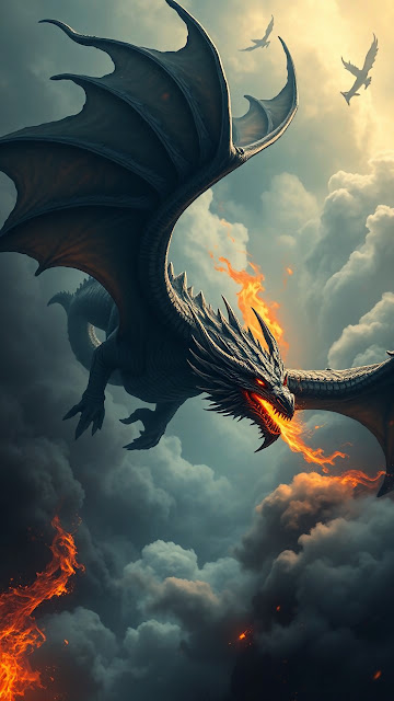 Fire breathing dragon soars through stormy sky with glowing eyes - Free mobile Wallpaper