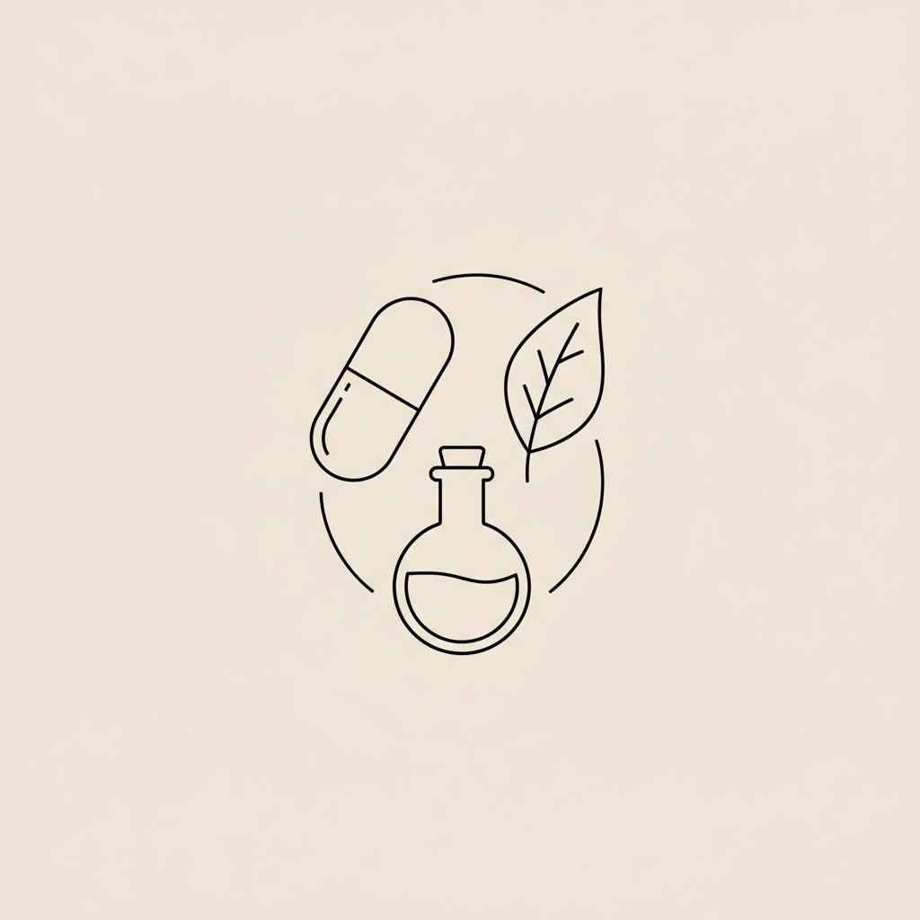 Minimal line illustration of a capsule, leaf, and lab flask connected by thin lines on a beige background, representing appetite suppressants FDA approved and nature-meets-science.