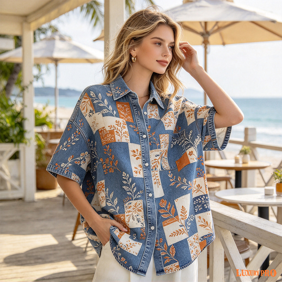 AOP Faux Denim Short Sleeve Shirt