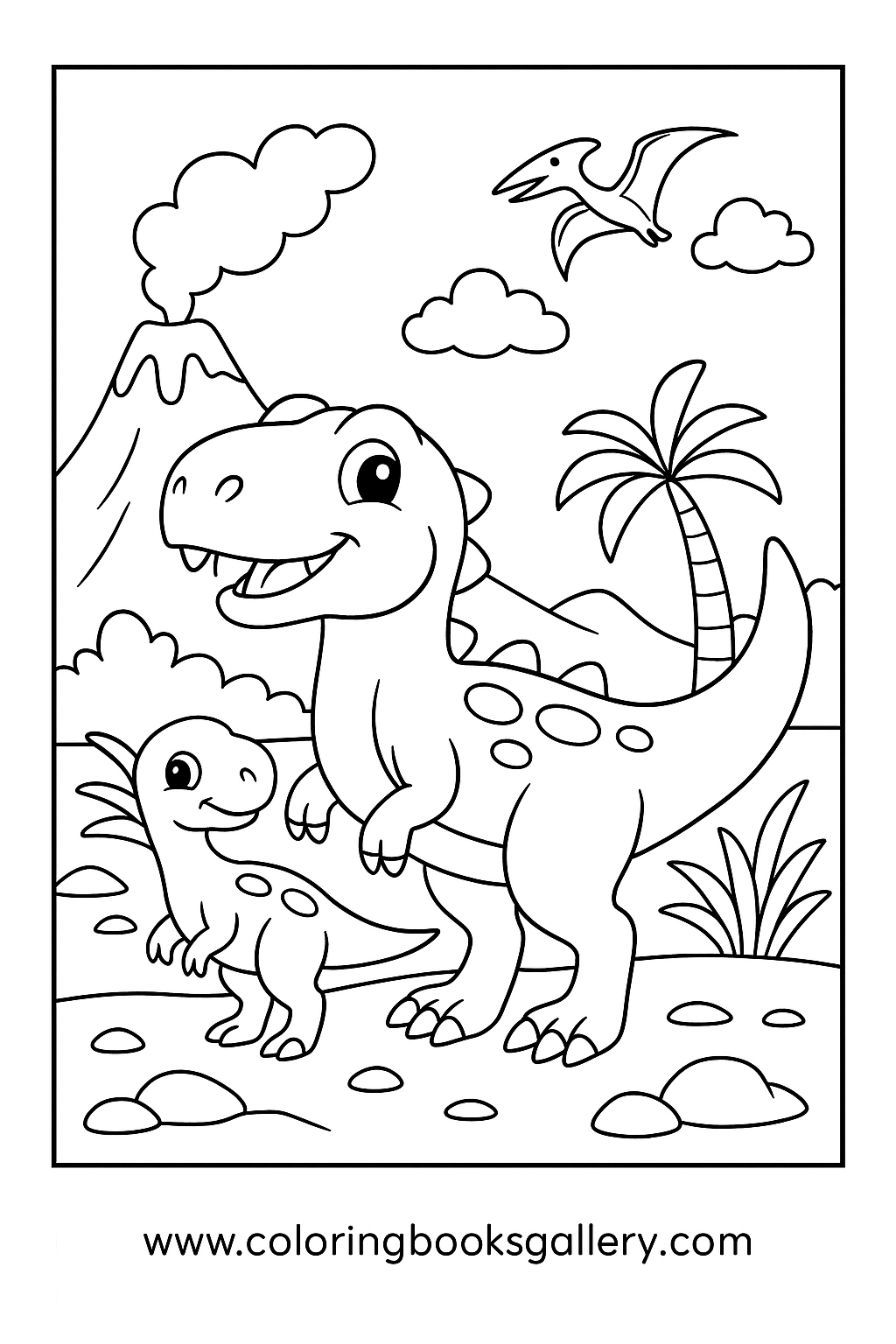 Cute Allosaurus Under The Volcano Sky Coloring Page For Kids – free coloring page for kids