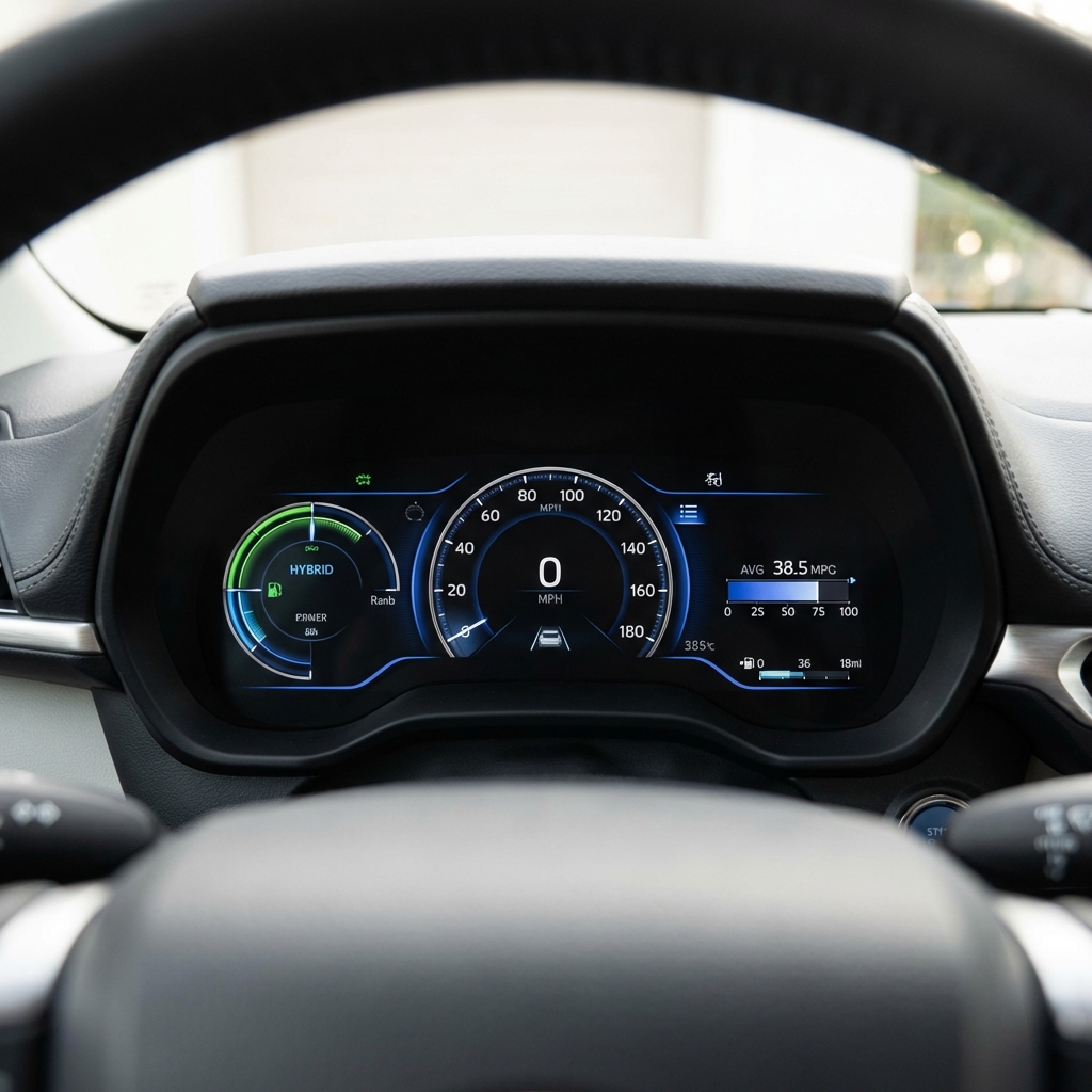 Close up of Toyota Sienna hybrid dashboard showing hybrid gauges and fuel economy readout in clean CarFax Deals style used toyota sienna for sale