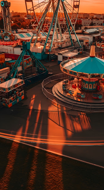 Vibrant Carnival Fairground with Ferris Wheel at Sunset - Free mobile Wallpaper