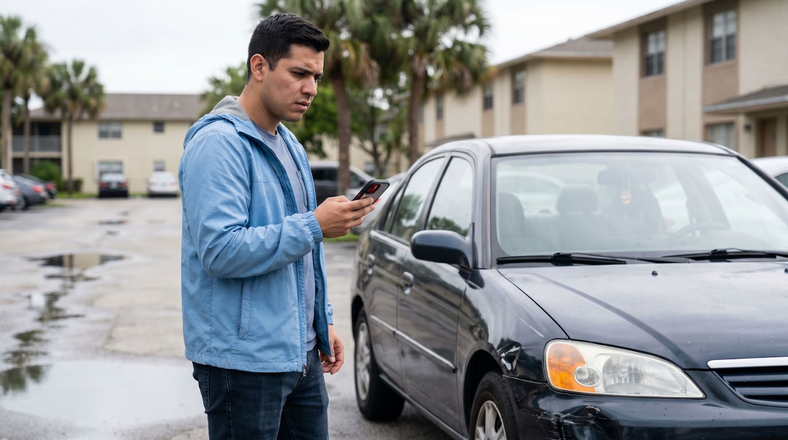 Florida hurricane car insurance deductible and minimum coverage driver standing by a storm damaged car in Florida