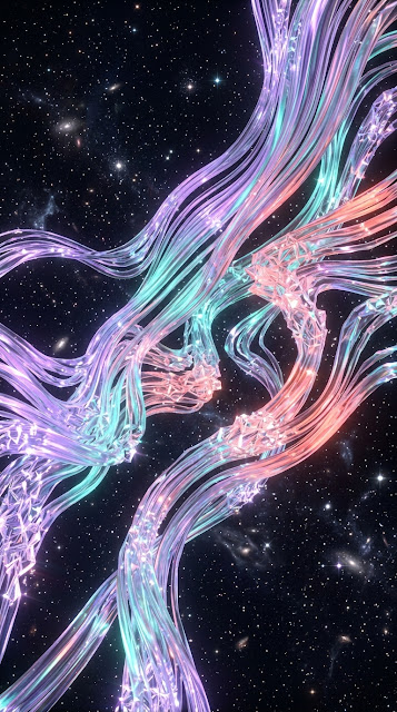 Abstract Crystalline Strands Floating in a Starry Lavender and Teal Space - Free mobile Wallpaper
