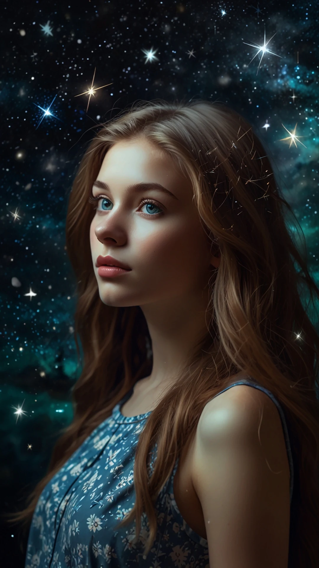 Woman with Blue Eyes Gazing at Starry Cosmic Sky - Free 4K mobile Wallpaper