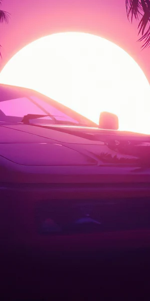Synthwave, Car, Sunset, Palms, Retrowave 4K Wallpaper Background