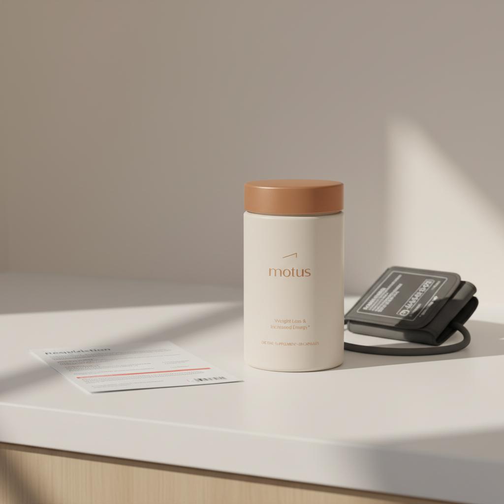 Tonum supplement container on a clinic counter with folded lab requisition form and compact blood pressure cuff, minimalist clinical scene suggesting vitamin b12 deficiency dizziness assessment