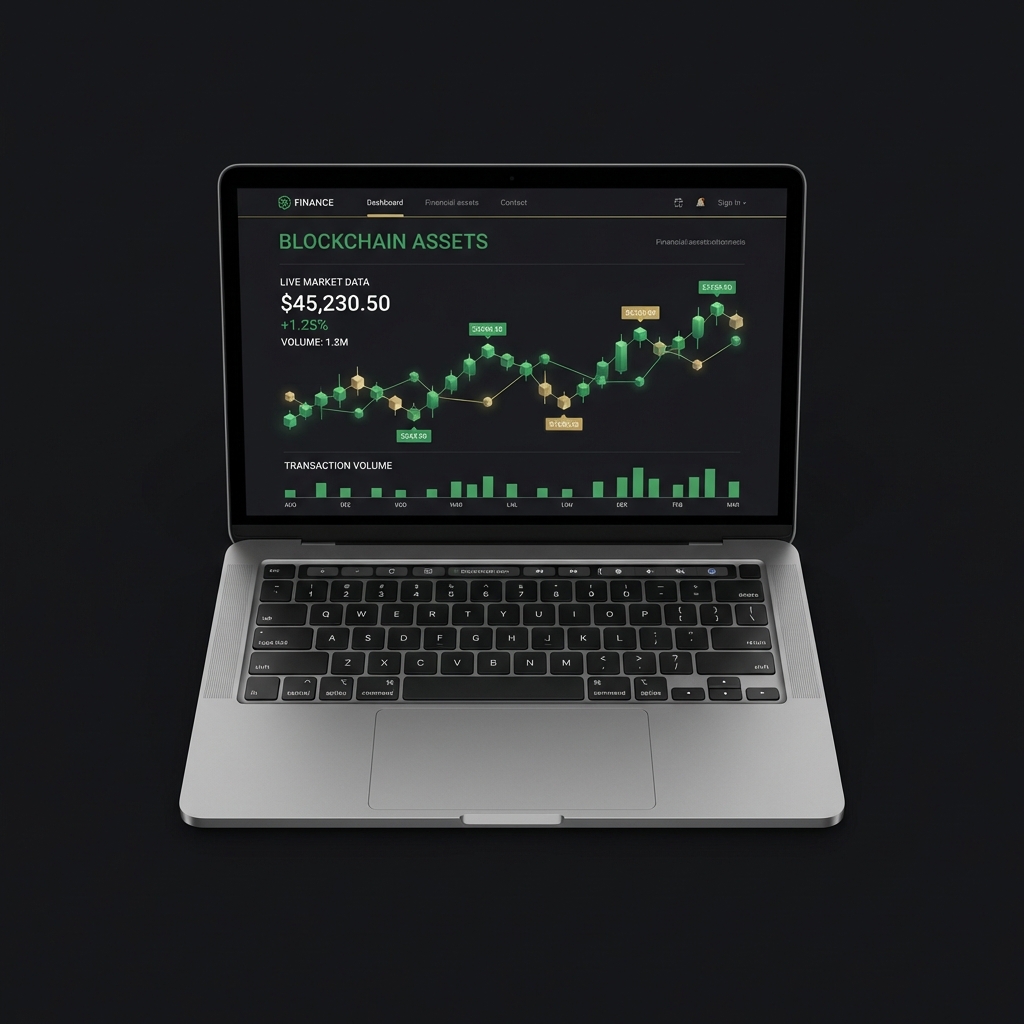 Minimalist full frame laptop displaying a clean blockchain stock dashboard with green highlights on a deep charcoal background