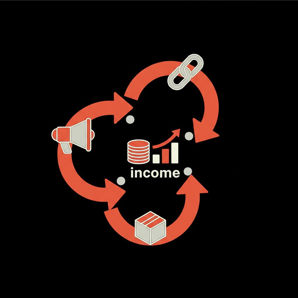 Minimal vector infographic of three monetization paths (sponsored, affiliate, product) converging into an income icon — conceptual graphic for 1000 followers pay on Instagram