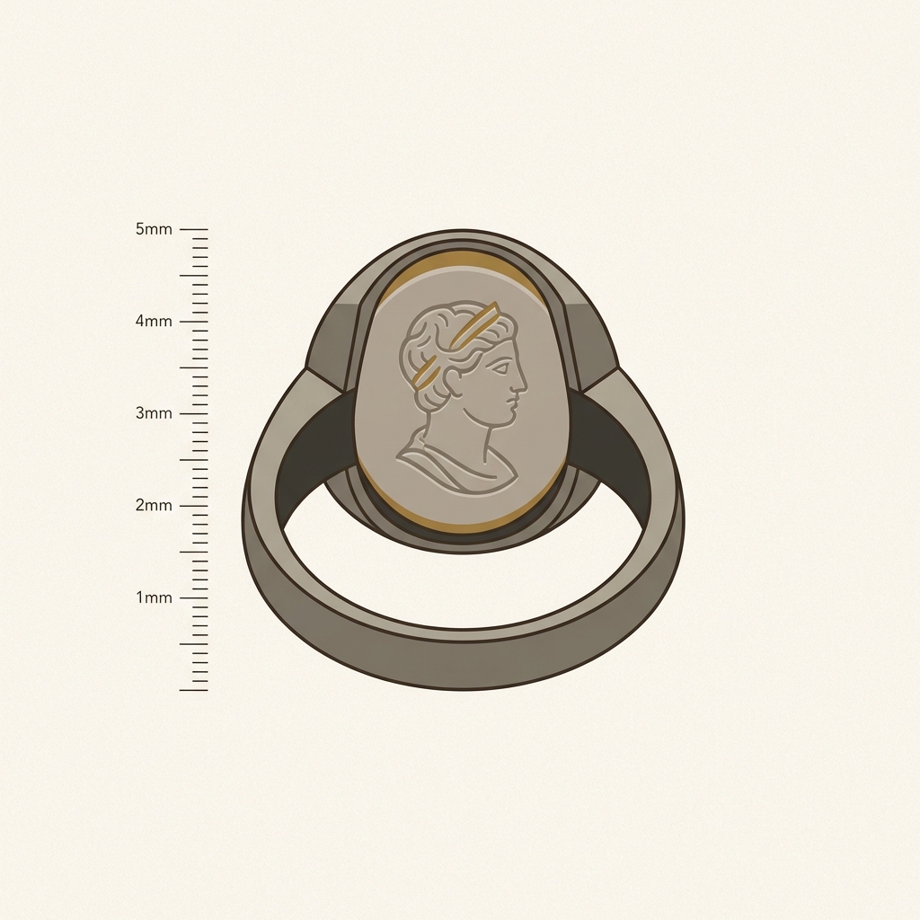 Minimalist 2D vector close up of an intaglio gemstone set in a ring showing the underside and join with a millimeter scale, authentic roman glass jewelry in Aurora Antiqua warm neutral palette