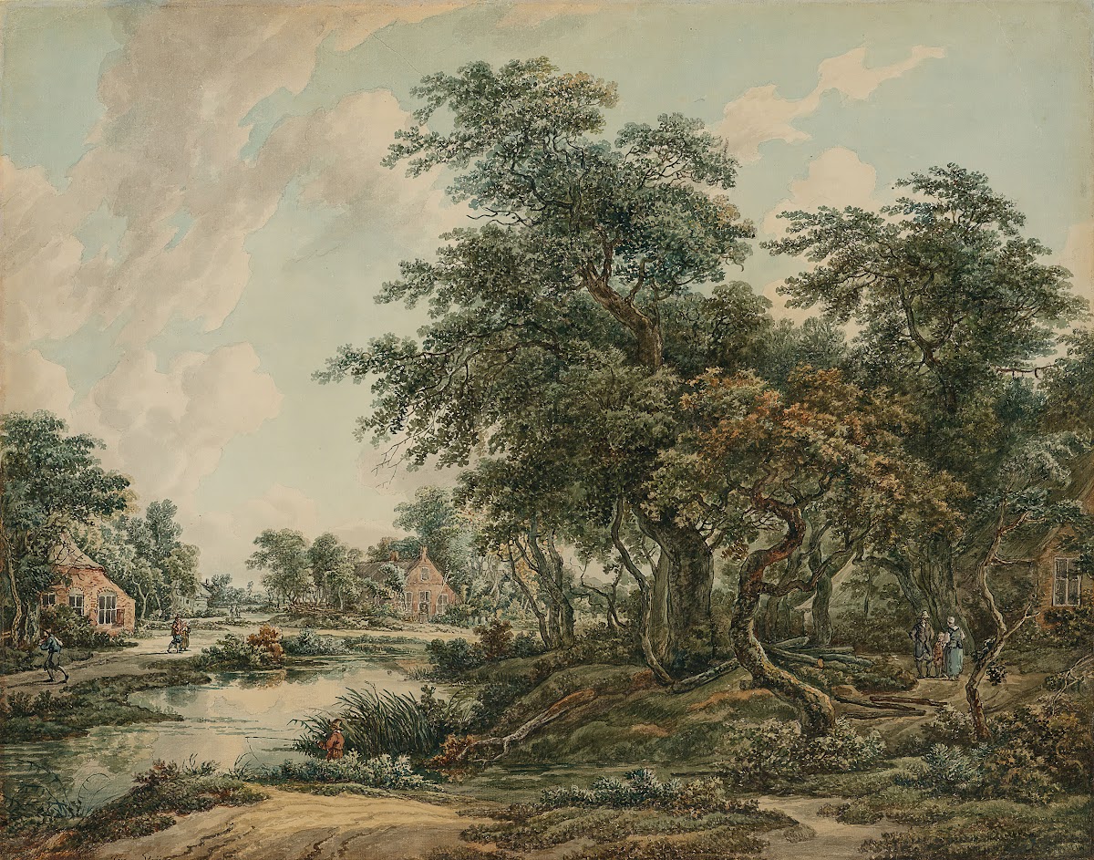 Paysage arboré avec figures et maisons au bord du rivage 1800