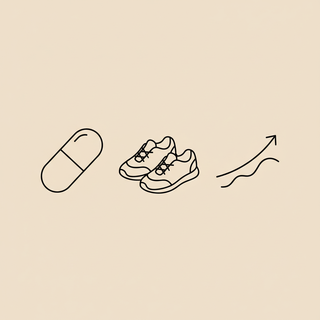 Minimalist vector line illustration of a capsule, walking shoes and a stylized incline hill on beige background, evoking a 12/3/30 treadmill workout