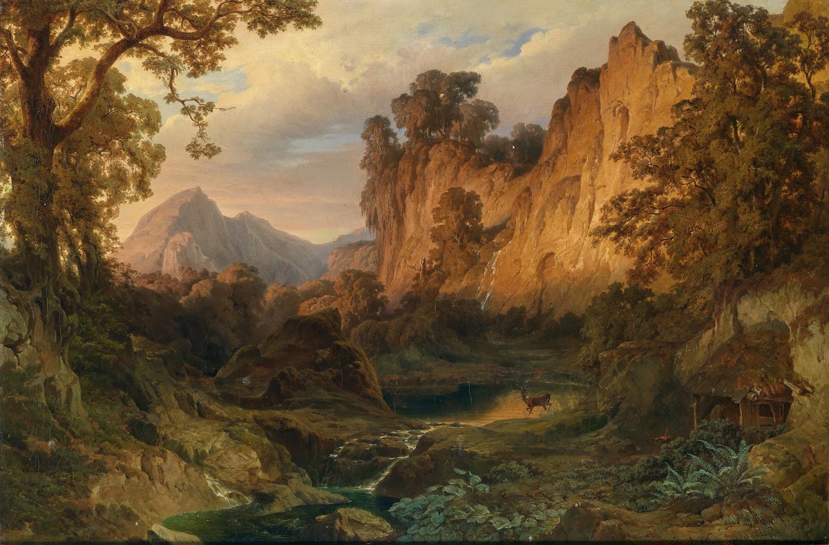 Romantische Landschaft im Abendlicht 1859