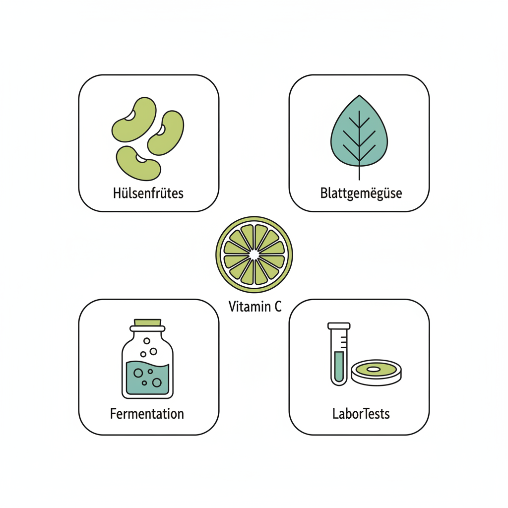 Minimalistische 2D-Vektor-Infografik zu eisen vegan mit Icons für Hülsenfrüchte, Blattgemüse, Vitamin C, Fermentation und Labortests auf Hintergrund #F7EDE6