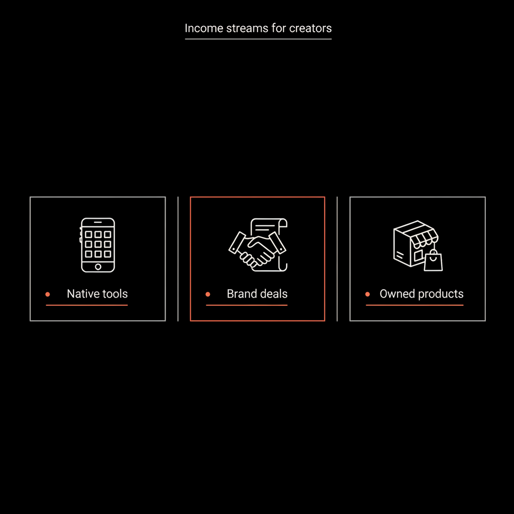 Minimal vector infographic on black background showing three income buckets: native tools, brand deals, owned products — Do verified accounts get paid on Instagram