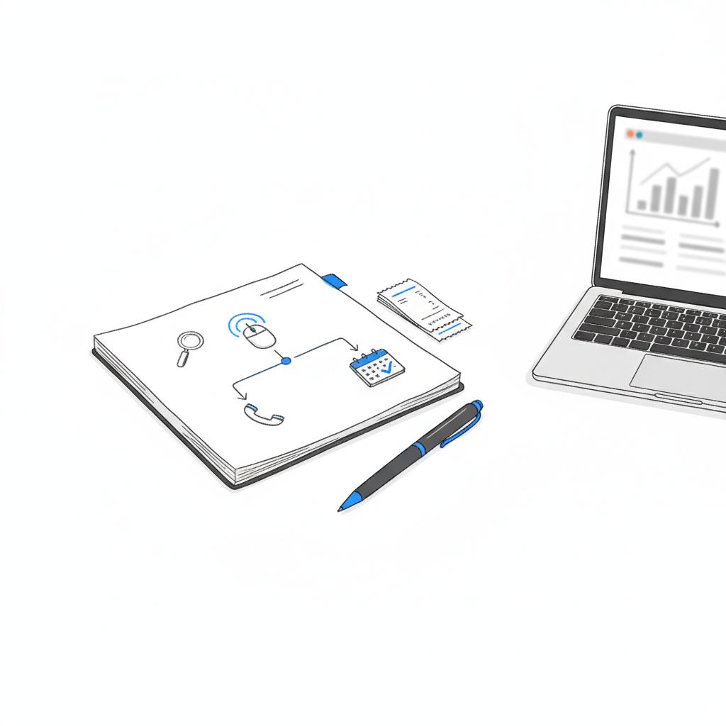 Close-up 2D vector desk illustration showing a sketched customer-journey flow with icons, laptop with blurred analytics and receipts &mdash; Can a sole trader advertise on Google?