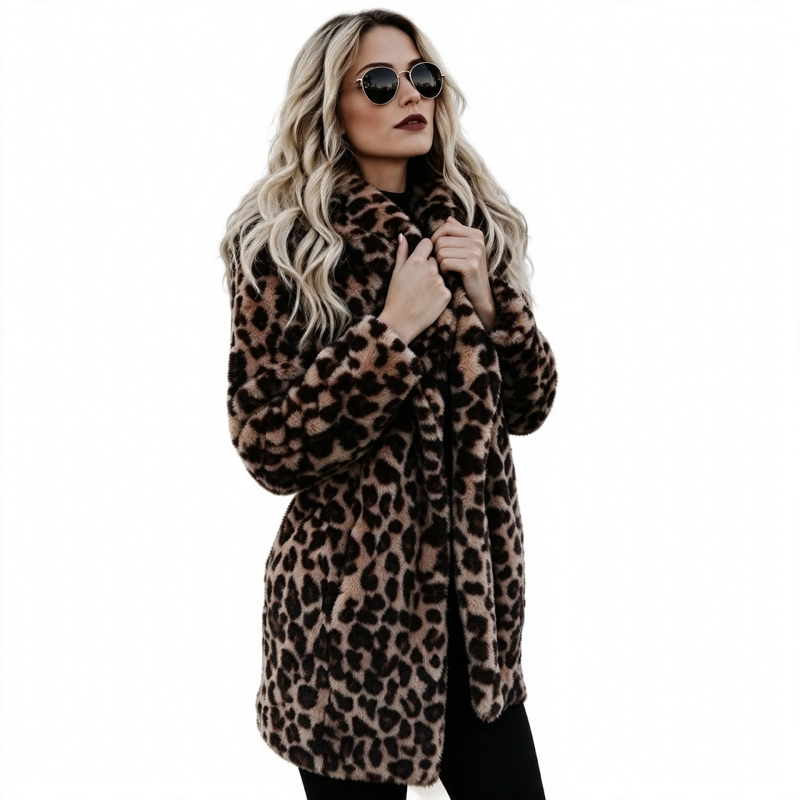 Women's Faux Fur Coat with Leopard Print and Lapel