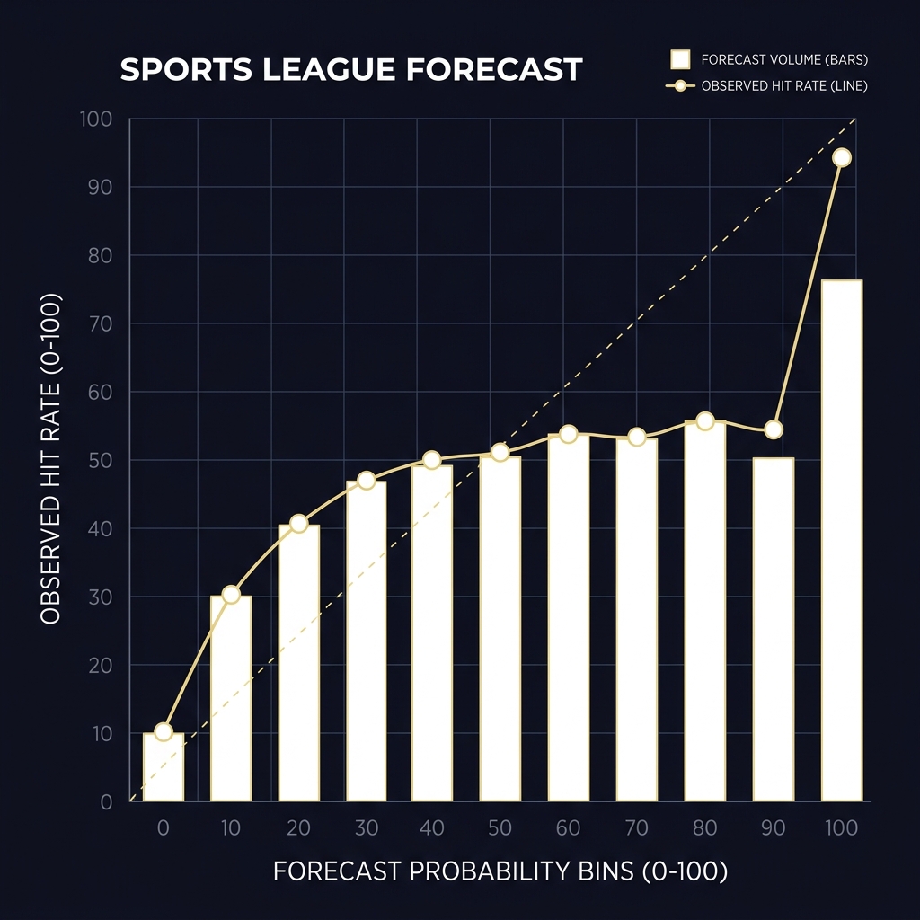 Reliability diagram showing forecast probability bins and observed hit rates for a league visualizing Base Rates and Their Role in Sports Forecasting on Funded Plays branded dark background