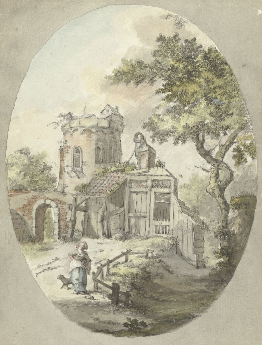 Vrouw met hond voor bouwval aan een toren 1782   1837
