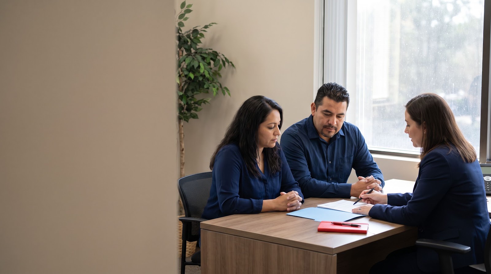 Hispanic couple reviewing a texas school bus car accident insurance claim with an agent in an office