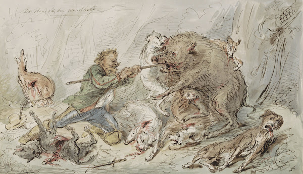 Man die een wild zwijn doodt in een woud c 1854   c 1887