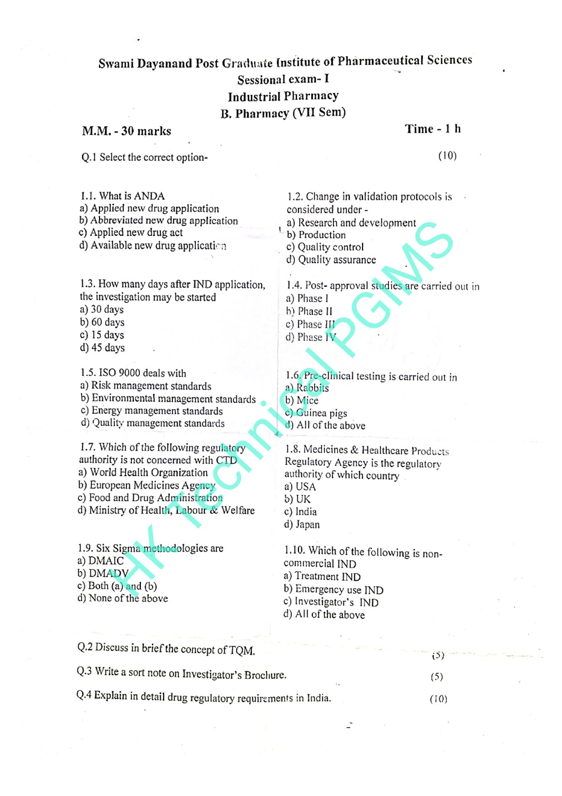 1st sess Industrial Pharmacy 7th Semester B.Pharmacy Previous Year's Question Paper,BP702T Industrial Pharmacy,BPharmacy,BPharm 7th Semester,Previous Year's Question Papers,