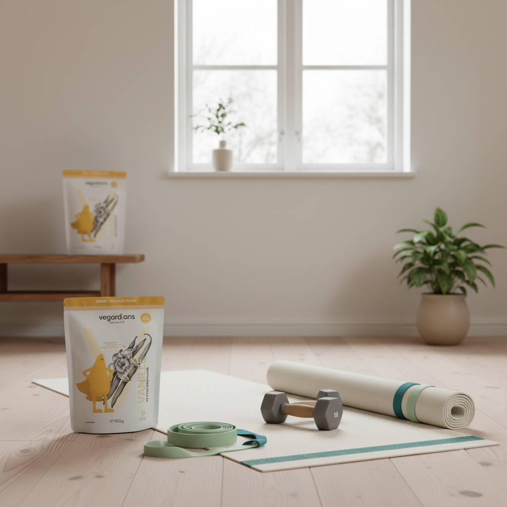 Minimalistische Heimtrainingsszene ohne Personen: Yogamatte, Widerstandsbänder und Hanteln neben großem Fenster mit winterlichem Licht, skandinavisch, dezenter Vegardians-Akzent – 500 Kalorien pro Tag