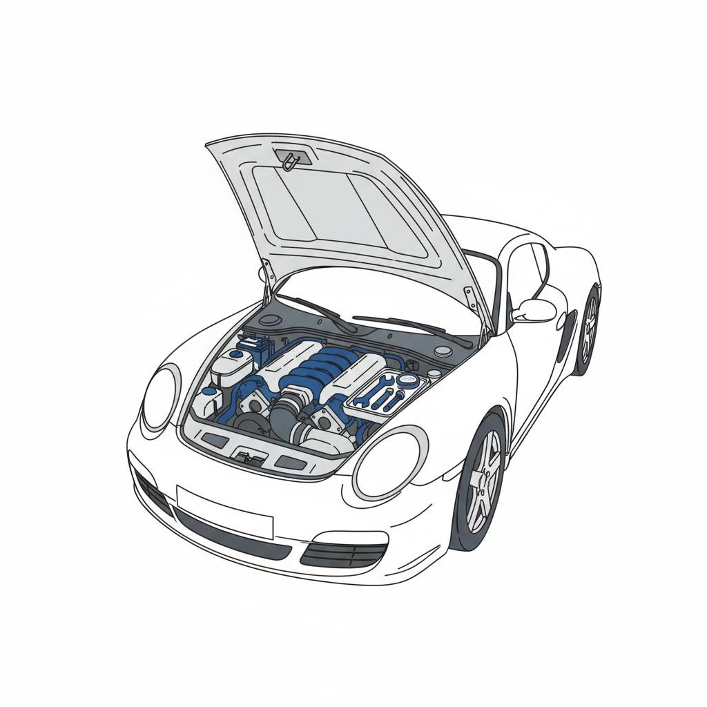Minimalist 2D vector of an open engine bay resembling a Porsche Cayman for sale with neatly arranged inspection tools on a white background and blue accents