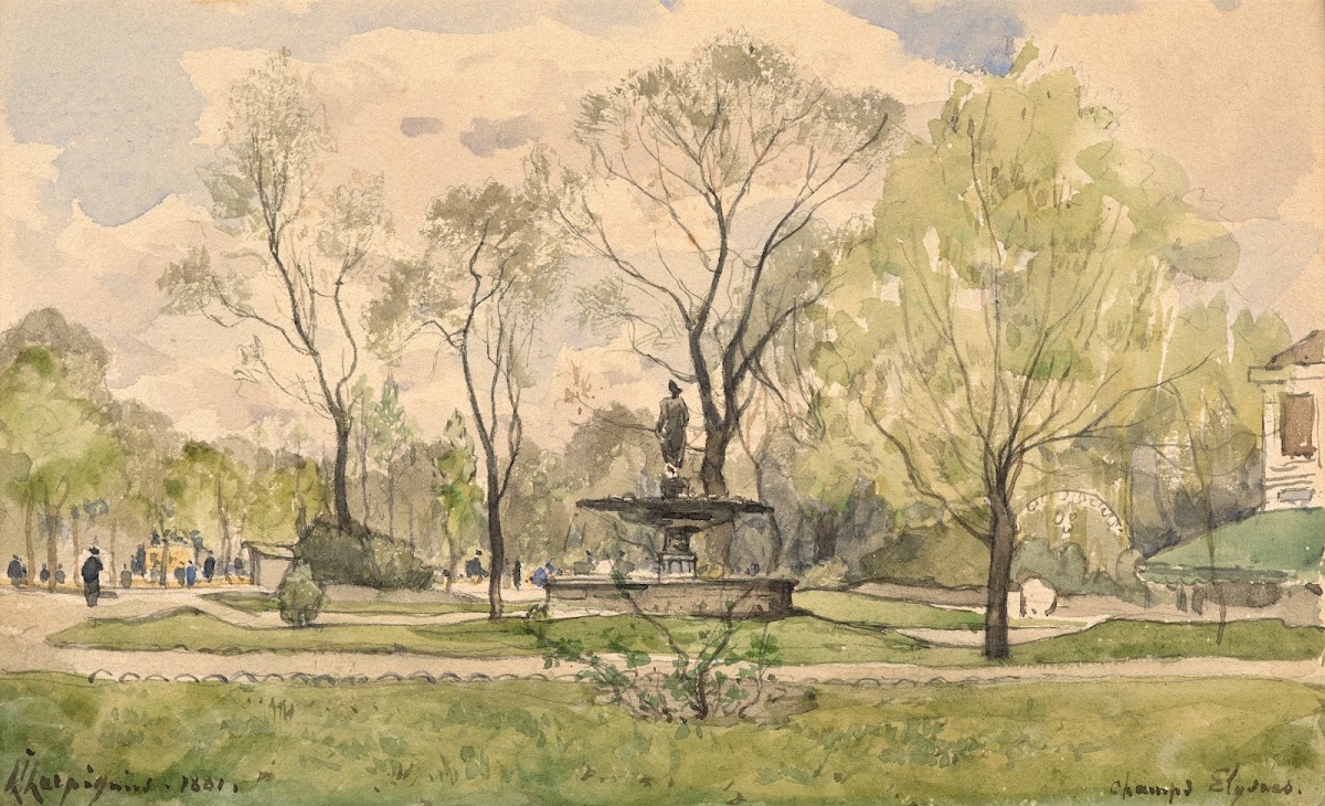 Les jardins des Champs Elysées avec la fontaine de Diane de Jacques Hittorff Par