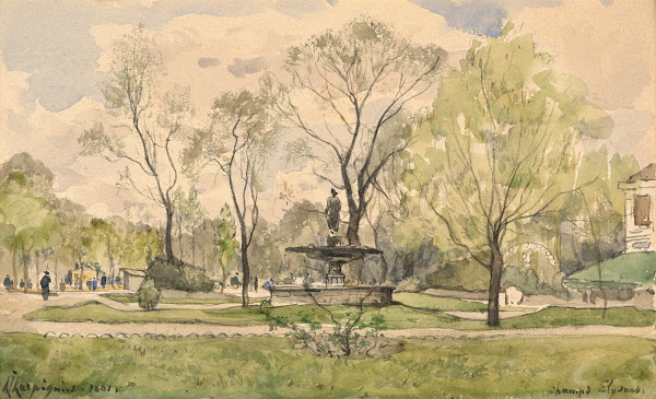 Les jardins des Champs Elysées avec la fontaine de Diane de Jacques Hittorff Par