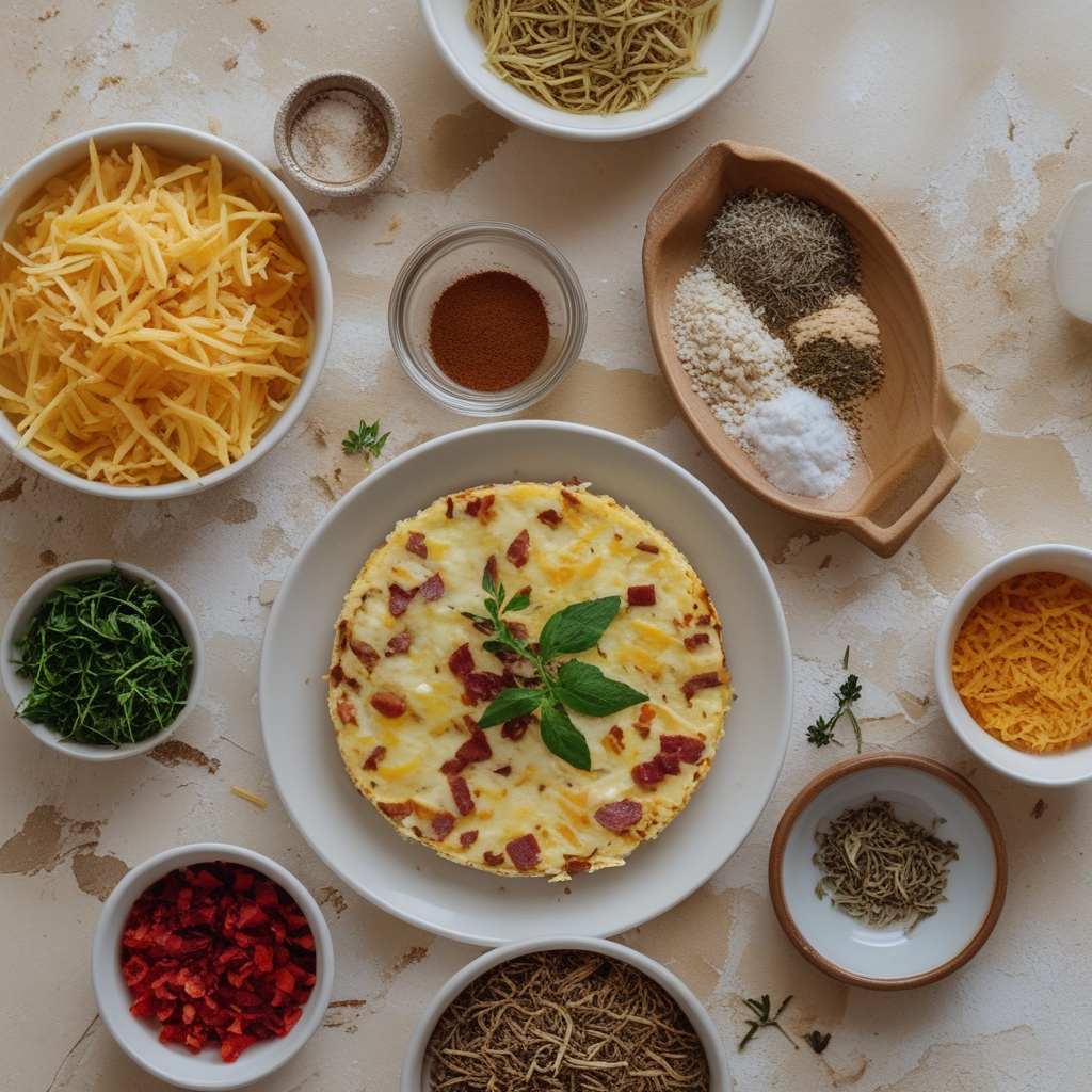 Ingredients for Mouthwatering Hash Brown Crust Bacon and Cheddar Quiche – Easy Homemade Brunch Recipe