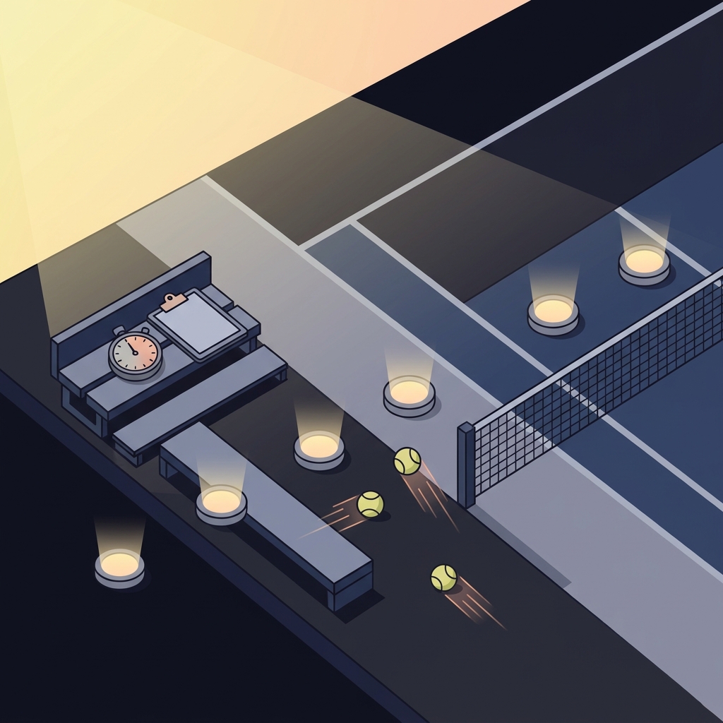How Travel and Scheduling Affect Tennis Players minimalist vector dawn tennis court scene with stopwatch on bench reaction light pods and motion balls in Funded Plays brand colors 10101a 1e1e31 9393a6 ffffff f5e79d