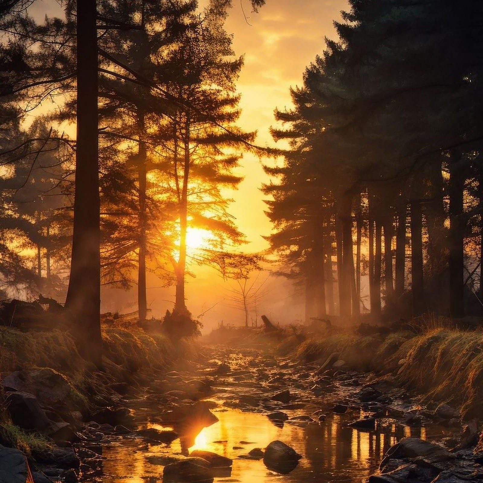 Download Forest Stream At Golden Sunset Full HD iPhone