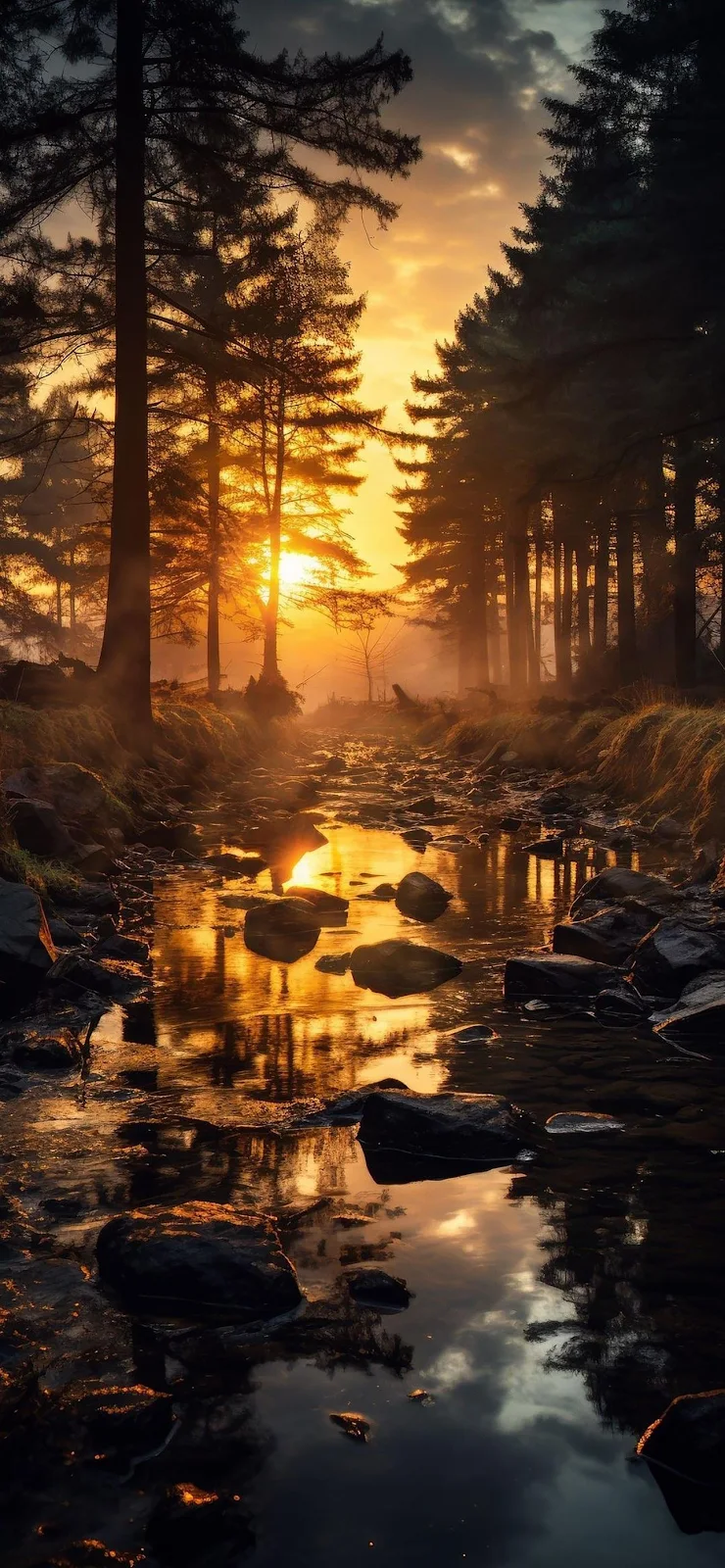 Forest Stream At Golden Sunset - Nature Photography Full HD iPhone Wallpaper (1284x2778)