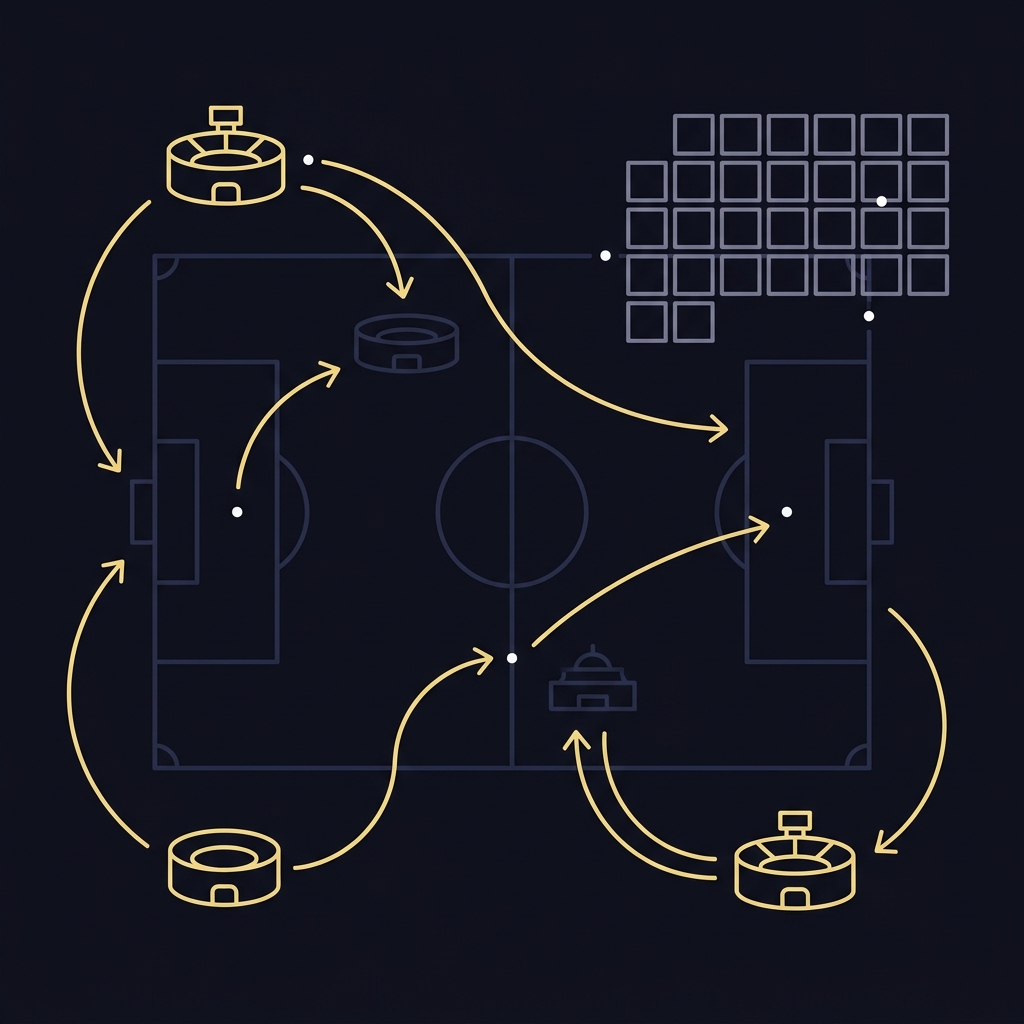 Minimalist 2D vector infographic of a top down football pitch with travel lines and a simplified calendar overlay illustrating Trading Domestic Matches After European Competition