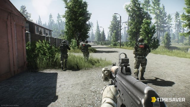 A first-person view of an Escape from Tarkov raid, rifle raised on a forest road with other operators ahead