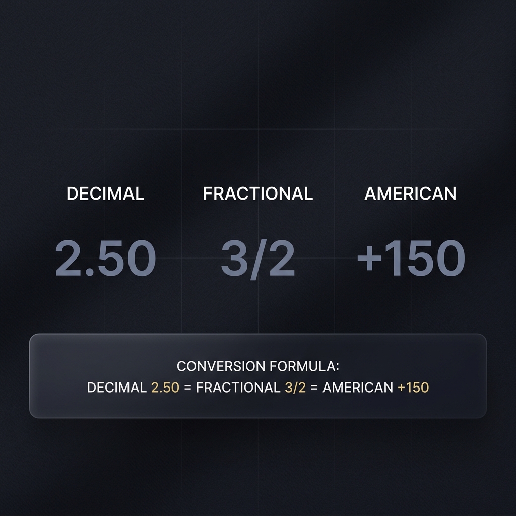 How to Compare Prices Across Sports Markets close up of decimal fractional and American odds side by side with a clear conversion formula overlay on a dark Funded Plays branded background