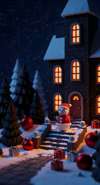 Cozy Claymation Snowman at Dark Brick Christmas House - Free mobile Wallpaper