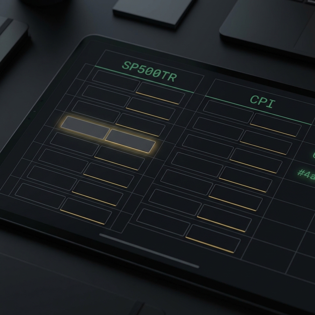 Minimalist close up spreadsheet on dark background showing SP500TR and CPI columns with empty start and end value placeholders for a crypto index fund analysis
