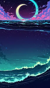 Synthwave Ocean Night with Giant Neon Crescent Moon