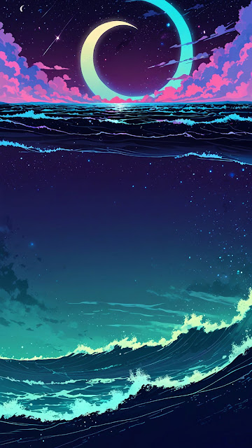 Synthwave Ocean Night with Giant Neon Crescent Moon - Free mobile Wallpaper