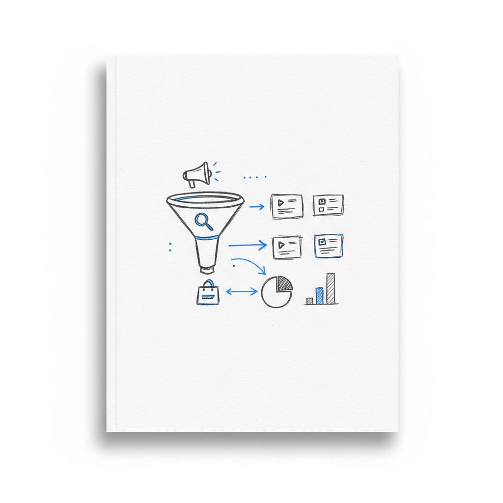 Minimal sketch-style notebook page showing a simplified ad funnel with awareness, consideration, conversion icons, budget arrows and creative thumbnails &mdash; cost of advertising on TikTok