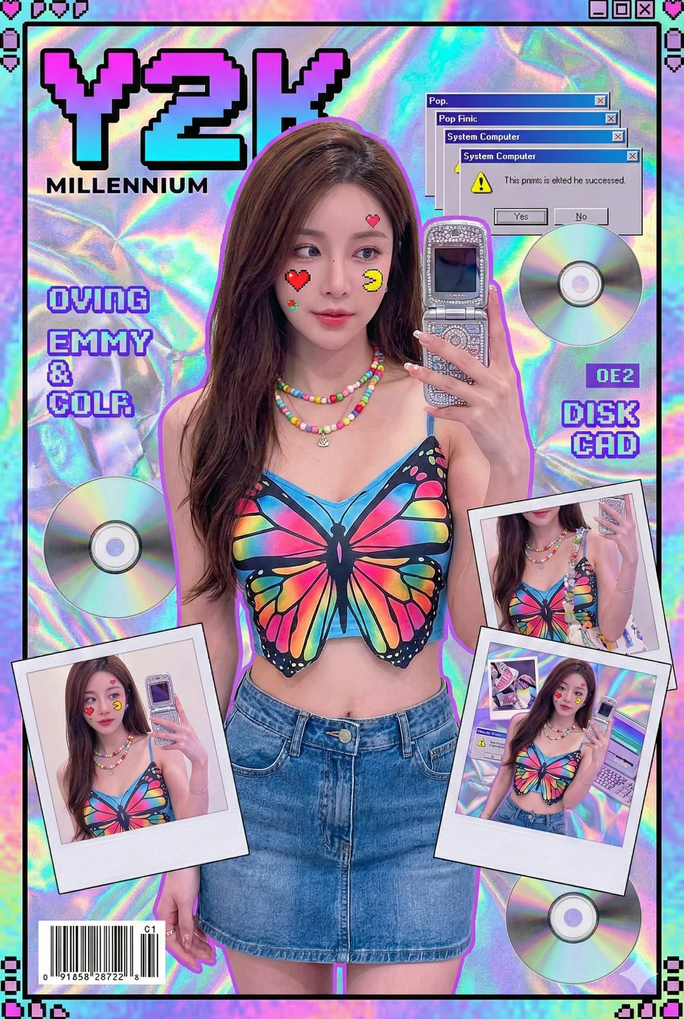 Collage de moda retro Y2K con alta saturación, estilo portada de revista de moda.