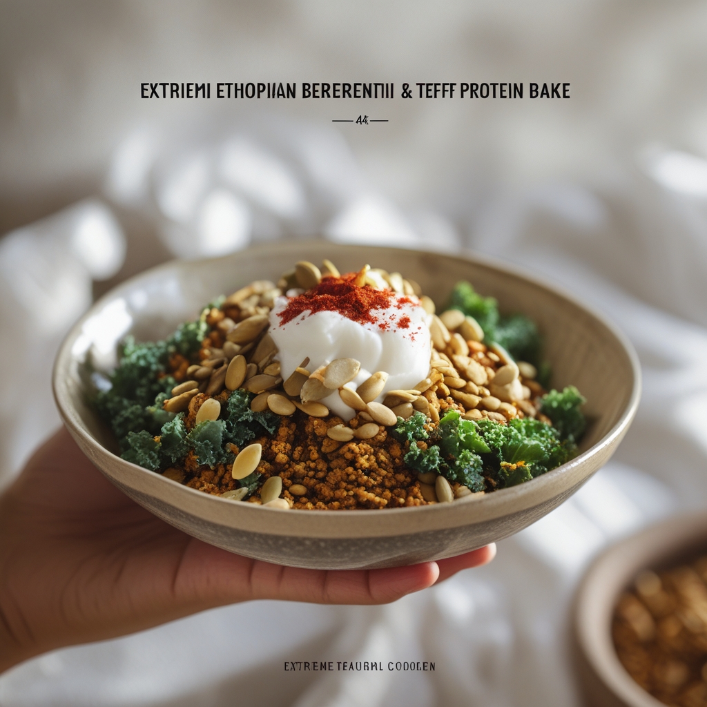 Ethiopian Berbere Lentil & Teff Protein Bake with Crispy Kale & Coconut Yogurt