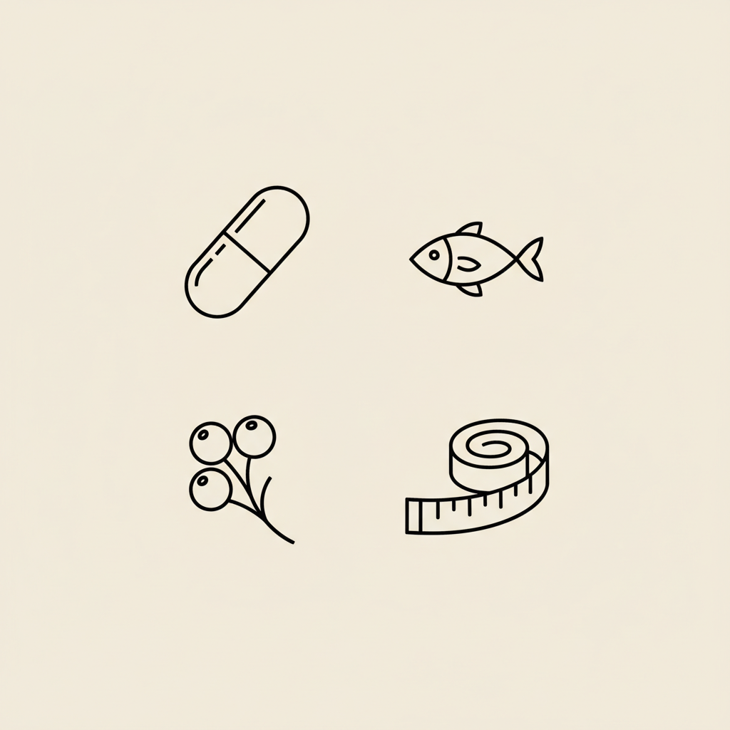Minimalist Tonum-style line illustration of a capsule, small fish, berry cluster and measuring tape arranged in a clean circle on beige background – best fat supplement