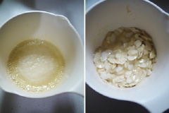 Phần nhân bánh hạnh nhân: Cho kem whipping, 40gr đường trắng còn lại, mật ong vào nồi, đun nhỏ lửa đến khi hỗn hợp gần sôi thì cho hạnh nhân cắt lát vào, trộn đều.