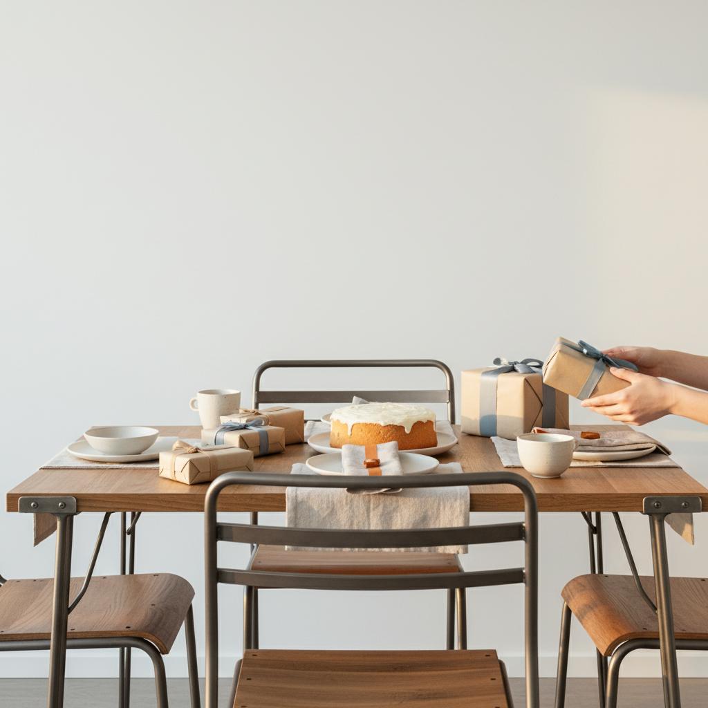 Intime Esstischszene mit Vanillekuchen und mehreren Geschenken, Nahaufnahme von Händen und Details, ruhige warme Lichtstimmung, geschenke für senioren