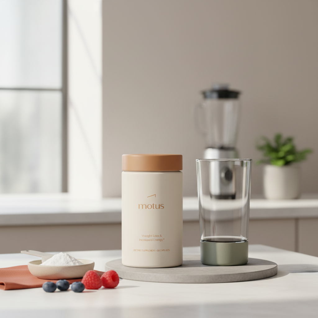 best low calorie high protein shake photo of Motus container on a clean counter with a minimalist glass shaker, small dish of egg white powder and berries in Tonum minimal style