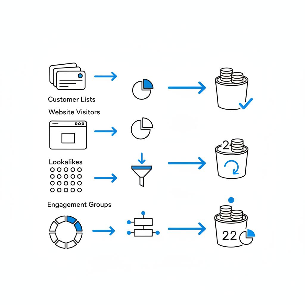 Minimal vector notebook sketch of audience segments (lists, site visitors, lookalikes) linked by arrows to budget buckets &mdash; facebook ads for small business