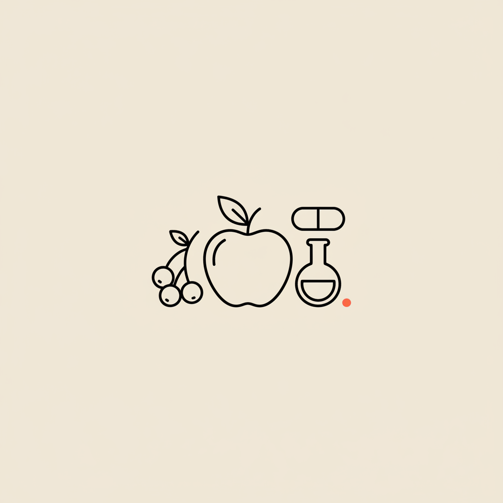 Minimalist line illustration of berries, an apple, a capsule and a small lab flask on beige background - which fruit burns the most belly fat